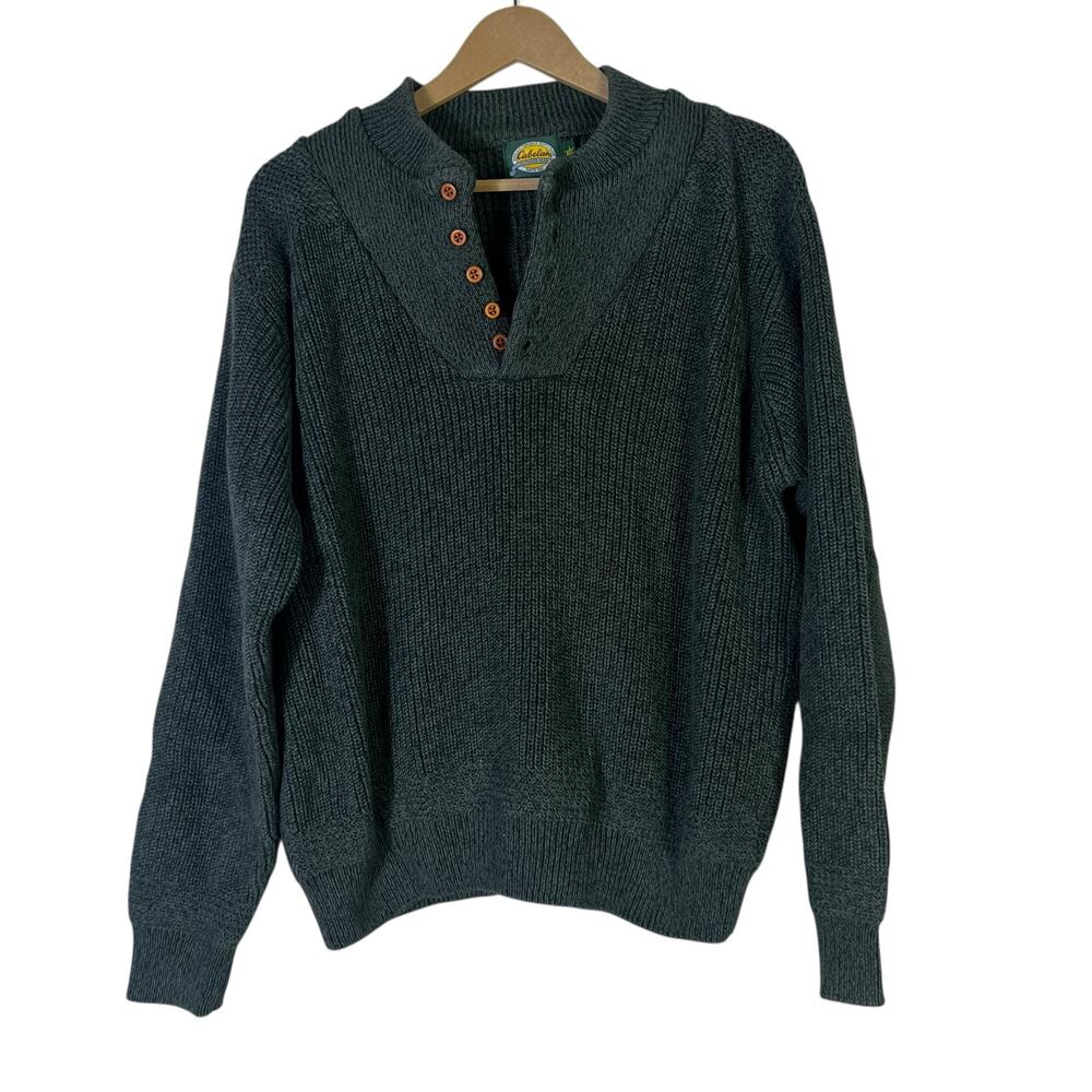 Vintage Cabela's 100% Cotton Knit Henley Sweater Mens L Green Grandpacore Earthy